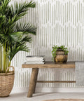 DIY Friendly Ink Lines Geometric Wall Stencil Set 2 Pack 17x39 Inches accent wall with plant and rustic bench setup