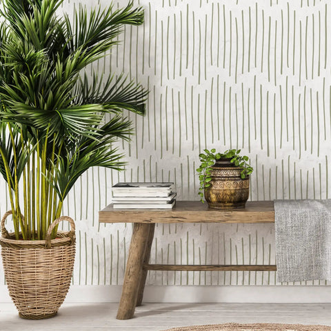 DIY Friendly Ink Lines Geometric Wall Stencil Set 2 Pack 17x39 Inches accent wall with plant and rustic bench setup
