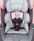 Close-up of 4-in-1 Convertible Car Seat with UPF 50+ Sun Shield Canopy, gray padding, pink highlights, and secure harness system.