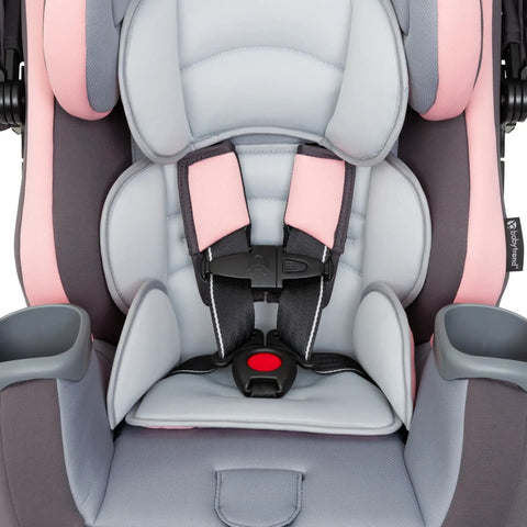 Close-up of 4-in-1 Convertible Car Seat with UPF 50+ Sun Shield Canopy, gray padding, pink highlights, and secure harness system.