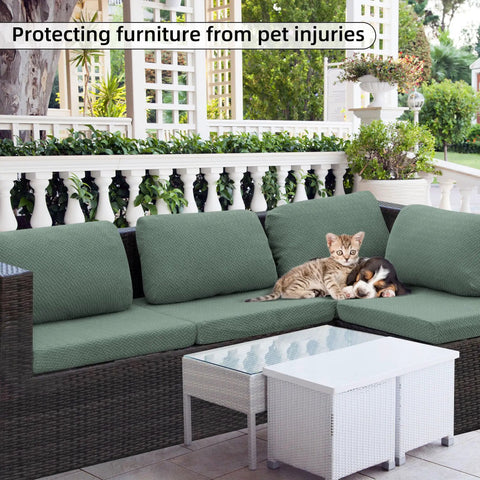Outdoor Cushion Covers Set For Patio Furniture 8 Pieces, Stretch Slipcovers on sofa in garden, protecting from pet damage.