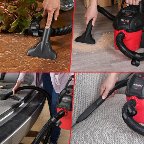 Beefy 4 Ft Vacuum Hose 1-1/4 Inch Diameter for Wet Dry Vacuums in use on countertops, flooring, cars, and upholstery cleaning.