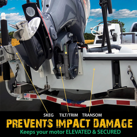 Transom Saver Wedge For Outboard Motors With Single Ram Hydraulic Tilt Go-To Pontoon Boat Trailer Accessory That Keeps Yamaha Mercury Suzuki Honda Evinrude Tohatsu Outboards Safe On The Road
