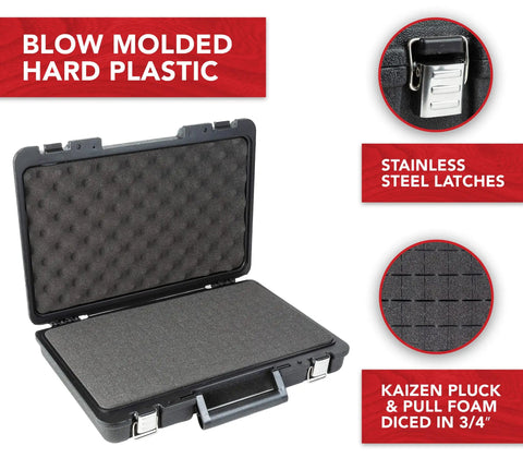 Universal Hard Carrying Case With Premium Kaizen Pick And Pluck Foam For Electronics Cameras Tools And Testing Gear Keeps Your Gear Safe And Ready In A Rugged Water Resistant Design, open view with foam inserts and latches.