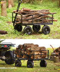 Heavy Duty Steel Utility Cart With 9 Cu Ft Bed And 1200 Lb Capacity Towable Outdoor Hauling Wagon loaded with firewood