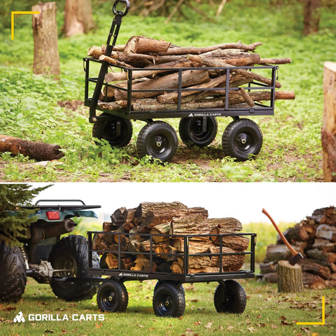 Heavy Duty Steel Utility Cart With 9 Cu Ft Bed And 1200 Lb Capacity Towable Outdoor Hauling Wagon loaded with firewood