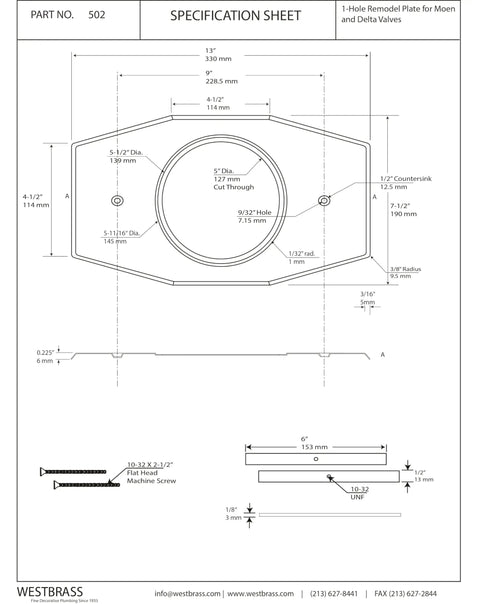 Specification sheet for One Hole Remodel Plate For Moen And Delta Faucets Polished Brass Finish Converts Two Handle Or Three Handle Tub And Shower Valve To Single Handle Includes Screws And Mounting Bars No Fuss Install.