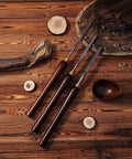 Professional Wood Turning Bowl Gouge Set Includes Three Super Sharp High Speed Steel Blades With Durable Beech Handles And Brass Ferrules on wooden surface.