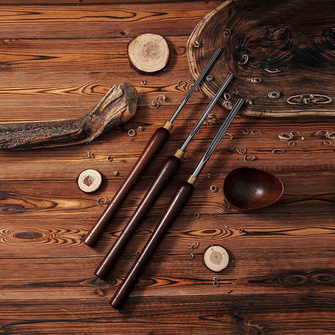 Professional Wood Turning Bowl Gouge Set Includes Three Super Sharp High Speed Steel Blades With Durable Beech Handles And Brass Ferrules on wooden surface.