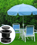 Two Pack 2 Inch Parasol Umbrella Hole Ring Plug And Cap Set with outdoor table and blue umbrella, weatherproof ABS material
