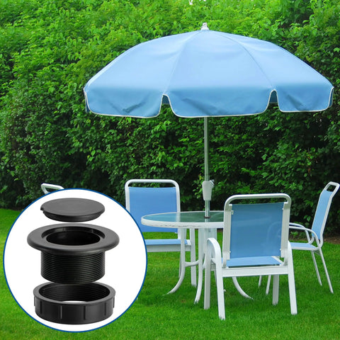 Two Pack 2 Inch Parasol Umbrella Hole Ring Plug And Cap Set with outdoor table and blue umbrella, weatherproof ABS material