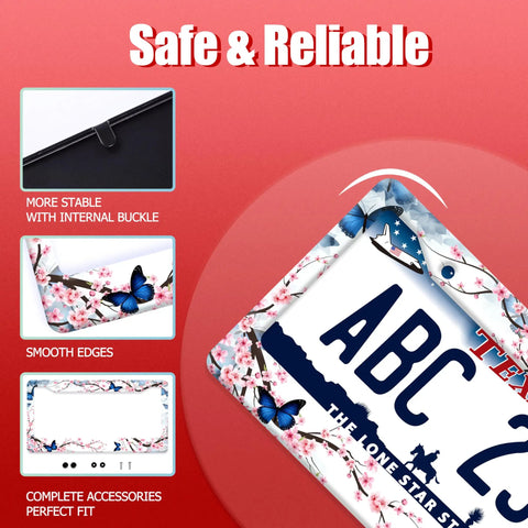 Close-up of cherry blossom butterfly license plate frame over Texas plate, highlighting smooth edges and secure fit features.