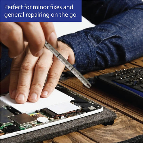 Using Tiny Precision Screwdriver Set for repairs on tablet, includes Philips and flat head bits, perfect for electronics and small fixes