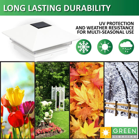 Check Out This Twelve Pack Of Slim Solar Powered Led Post Cap Lights Made For Four By Four Wood Posts With Adapter For Pvc And Vinyl Posts In Fresh White For Your Deck Or Yard. White solar post cap with seasonal garden scenes, showing durability in all weather.