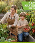 Woman and child harvesting vegetables in garden, holding baskets near plants, promoting Heirloom Vegetable And Herb Seed Pack With 30 Non GMO Seeds For Planting Seed Kit With Tools Made In USA Kitchen To Garden Essentials For Fresh Tomatoes Basil Cilantro Lettuce Carrots Peppers Spinach Kale Dill Parsley And More.