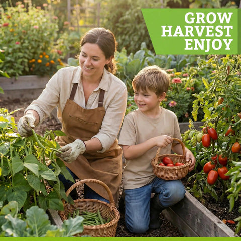 Woman and child harvesting vegetables in garden, holding baskets near plants, promoting Heirloom Vegetable And Herb Seed Pack With 30 Non GMO Seeds For Planting Seed Kit With Tools Made In USA Kitchen To Garden Essentials For Fresh Tomatoes Basil Cilantro Lettuce Carrots Peppers Spinach Kale Dill Parsley And More.