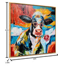 Cool Cow Portrait With Sunglasses Modern Hand Painted Textured Wall Art Framed Cow Head Floral Canvas Bold Colorway