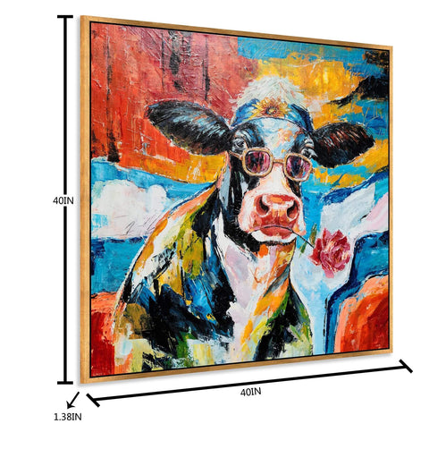 Cool Cow Portrait With Sunglasses Modern Hand Painted Textured Wall Art Framed Cow Head Floral Canvas Bold Colorway