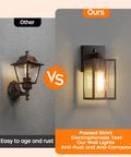 Dusk To Dawn Exterior Wall Sconce With Built In Photo Sensor Straight Up Reliable Outdoor Porch Light For Front Patio shown vs. rusty alternative.