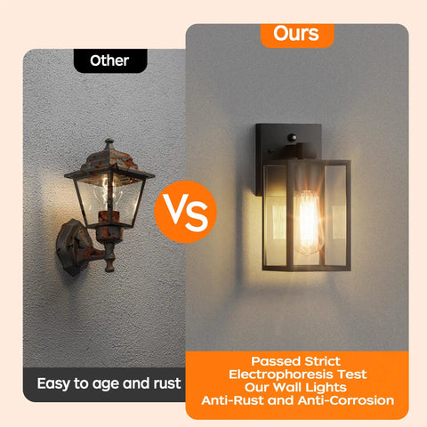 Dusk To Dawn Exterior Wall Sconce With Built In Photo Sensor Straight Up Reliable Outdoor Porch Light For Front Patio shown vs. rusty alternative.