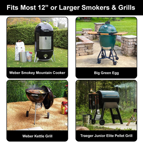 Collage of four smokers and grills, including Weber Smokey Mountain Cooker and Big Green Egg, in outdoor settings