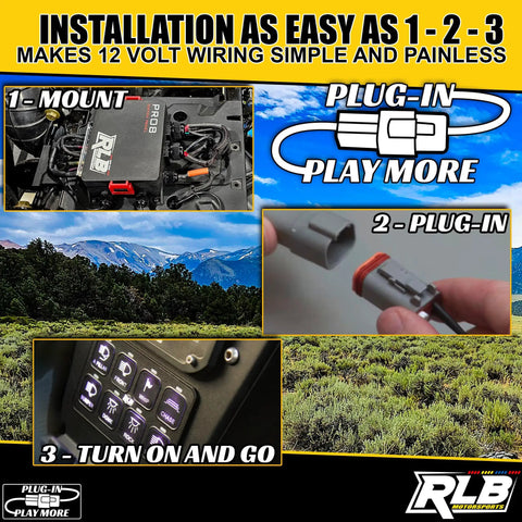 8 Gang 12V Switch Panel With Programmable RGBW LED shown with installation steps for JK UTV, boat, truck; plug and play design.