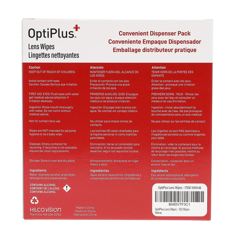 OptiPlus Eyeglass Lens Wipes box with red panel and multilingual warnings, 252-count.