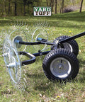 Acreage Lawn Rake With Four Tine Steel Tow Behind Dethatcher for lawn and garden cleanup, 48 inch wide attachment on grass field