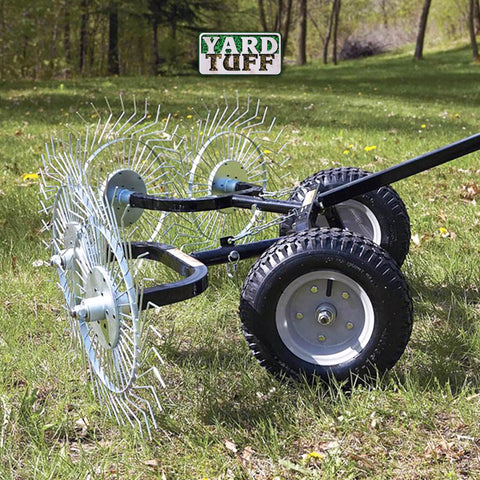 Acreage Lawn Rake With Four Tine Steel Tow Behind Dethatcher for lawn and garden cleanup, 48 inch wide attachment on grass field