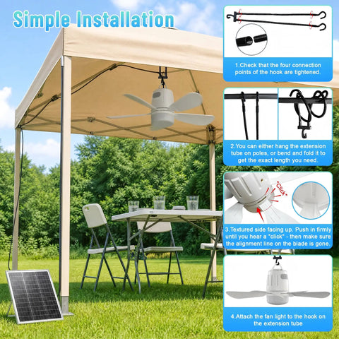 20 Inch Solar Ceiling Fan With 20000 Mah Battery And 30 Watt Panel Keeps Your Crew Chill On Hot Days Remote Control Dimmable Lights For Tent Gazebo Canopy Rv Or Patio Vibes installation under gazebo with solar panel.