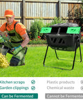 Man using Massive Outdoor Dual Bin Composter Tumbling 43 Gallon Rotating Compost Bin With Two Sliding Doors And Aeration System Two 21.5 Gallon Chambers Garden Compost Tumbler BPA Free