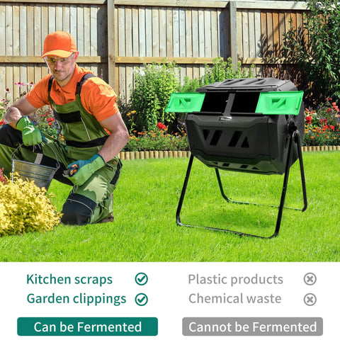 Man using Massive Outdoor Dual Bin Composter Tumbling 43 Gallon Rotating Compost Bin With Two Sliding Doors And Aeration System Two 21.5 Gallon Chambers Garden Compost Tumbler BPA Free