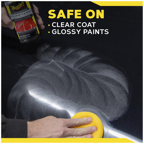 Ultimate Compound Pro Grade Car Scratch Remover 15 oz used on glossy surface, highlighting paint correction on clear coat.