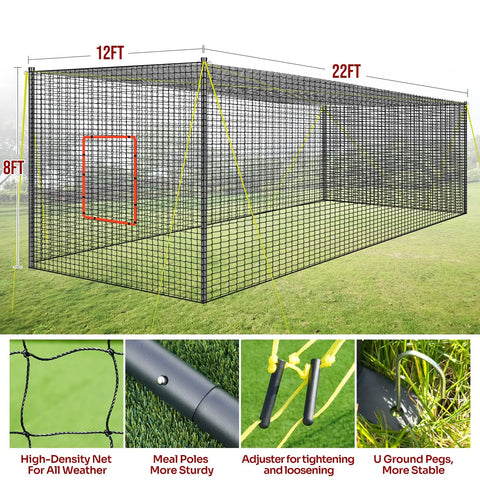 Portable Baseball And Softball Batting Cage 22ft By 12ft By 8ft With Pitching Machine Hole and Guide Ropes on Grass