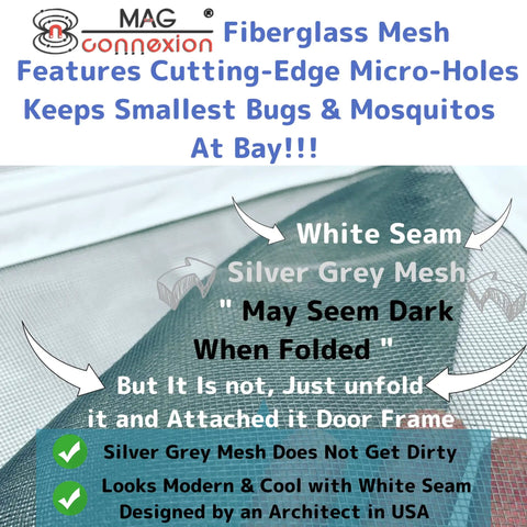 Magnetic Fiberglass Door Screen For Patio And Front Doors, close-up of white seam and silver grey mesh detail.