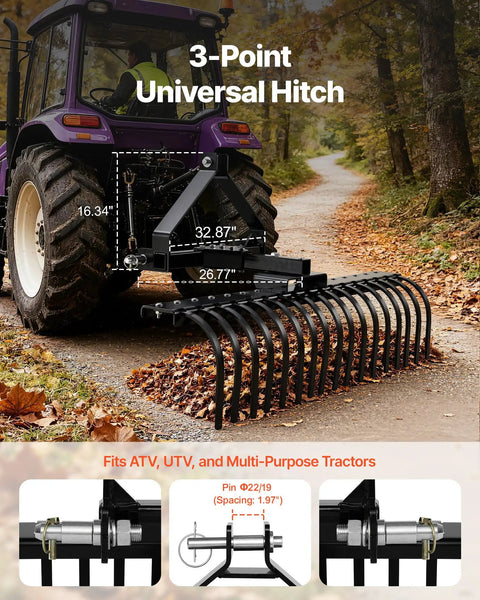 50 Inch Tow Behind Landscape Rake With 17 Steel Tines For Category 1 Tractors attached to tractor showing dimensions