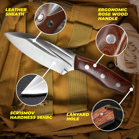 Pocket Fixed Blade Knife With Wood Handle And Leather Sheath for camping, showcasing blade, ergonomic handle, and sheath details.