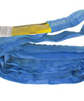 Endless Round Sling ENR 4 Ft Blue for Lifting, Towing, and Recovery, shown coiled with label and specifications visible
