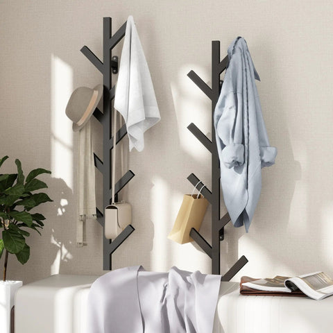 Wall Mounted Metal Coat Rack With Nine Hooks, Modern Minimalist Upright Coat Tree in black, hanging coats, hats, and bags, for entryway.