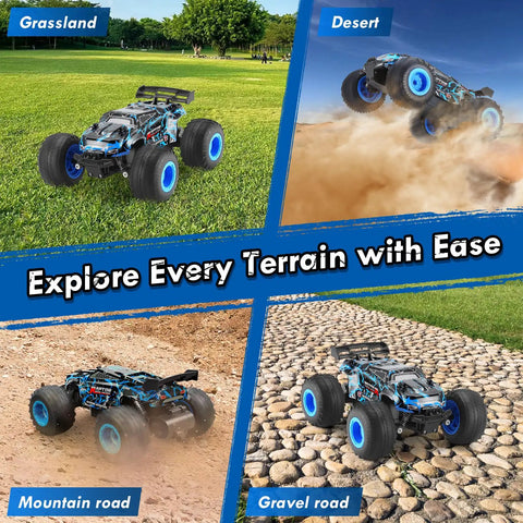 All Terrain 1:18 RC Car With LED Lights 2WD Remote Control Truck showcasing performance on grassland, desert, mountain, and gravel road.