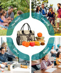 Desert Cowboy Insulated Lunch Bag Cooler Tote With Removable Shoulder Strap beside fruit and office, picnic, camping, school scenes.