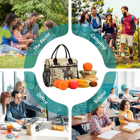 Desert Cowboy Insulated Lunch Bag Cooler Tote With Removable Shoulder Strap beside fruit and office, picnic, camping, school scenes.