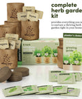 9 Herb Indoor Window Garden Kit With Seed Starter for Fresh Homegrown Herbs, showing seed packets, soil discs, and grow pots.