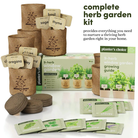 9 Herb Indoor Window Garden Kit With Seed Starter for Fresh Homegrown Herbs, showing seed packets, soil discs, and grow pots.