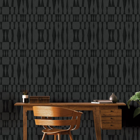 Removable Peel And Stick Grey Faux Grasscloth Texture Wallpaper With Geometric Pattern in room decor setup