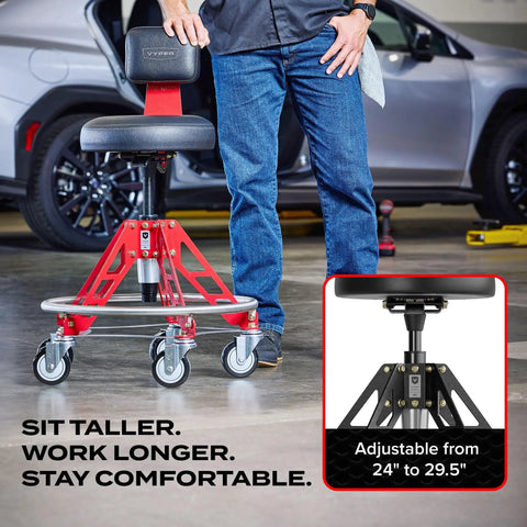 Elevated Steel EZ-Lift Shop Chair With Backrest For High Workbenches, 400 Lb Capacity, Rolling Stool With Red Legs
