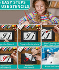 6 steps to use Dope 124 Alphabet Numbers Mandala Stencils Set shown, with child painting and tools for crafting.