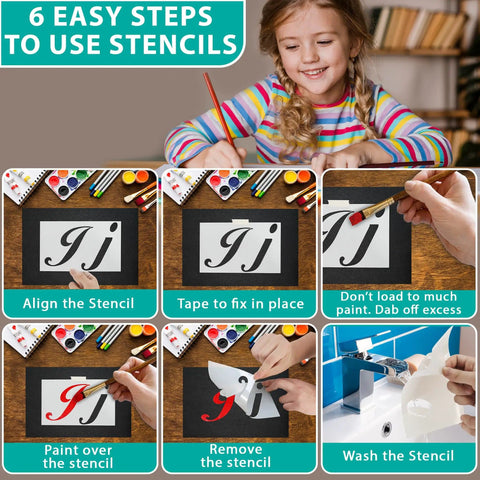6 steps to use Dope 124 Alphabet Numbers Mandala Stencils Set shown, with child painting and tools for crafting.