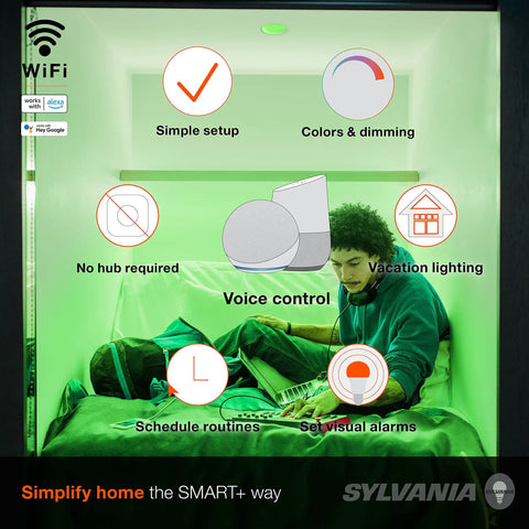 WiFi LED Smart Light Bulb BR30 65W Equivalent Full Color And Tunable White features overview with voice control icons.