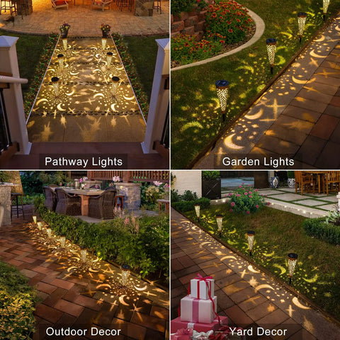 Moon Star Solar Garden Stake Lights Outdoor Waterproof Copper Finish casting patterns on patio and lawn, six pack in use